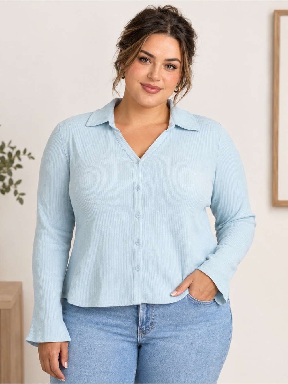 Ava & Viv Light Blue Ribbed Knit Button Down Shirt Plus Size NWT